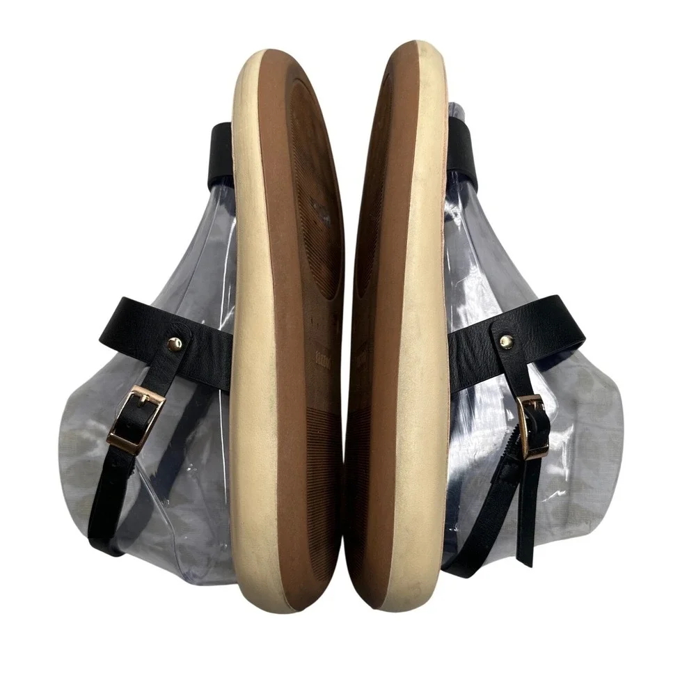 Bamboo Womens Black Ankle Strap Flat Sandals Size 8.5 Tan Footbed Buckle Closure